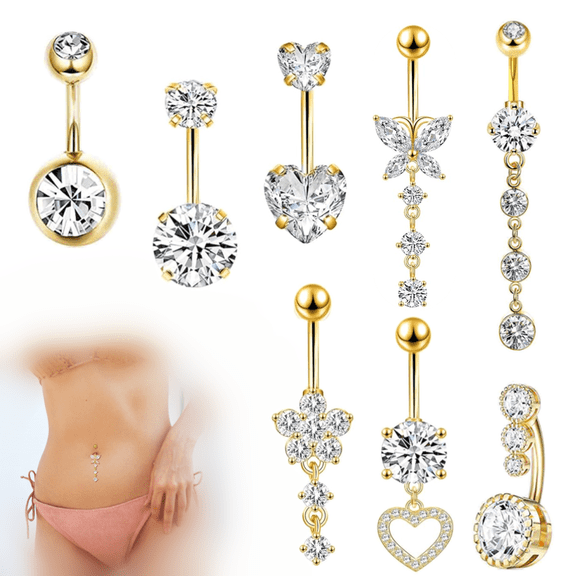 8 Pcs Gold Belly Button Ring Dangle for Women Hypoallergenic Surgical Steel Dangling Belly Rings Navel Piercings Jewelry