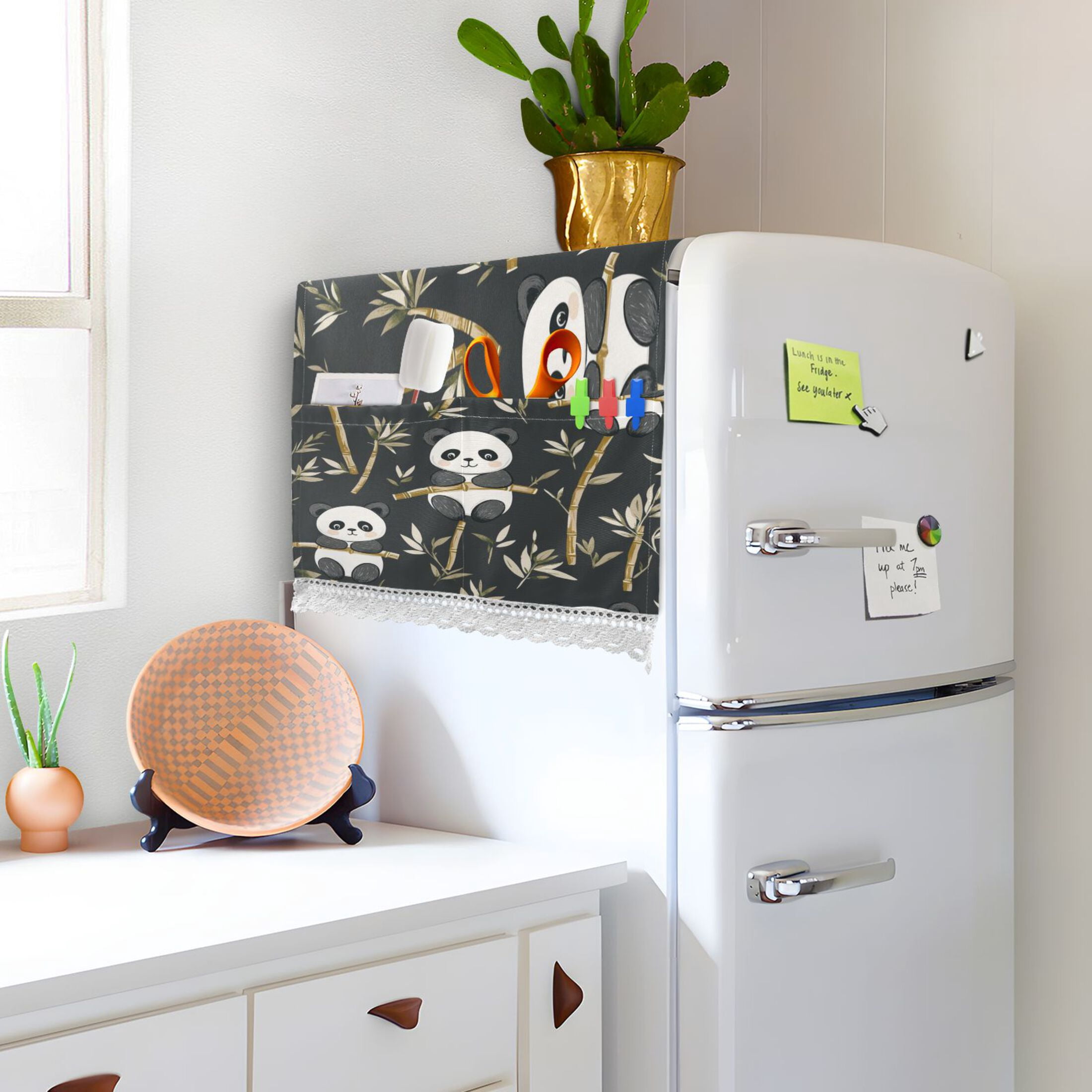 Cute PandaWasher and Dryer Covers Dust-Proof and Oil Resistant Fridge Cover with 4 Storage Pockets Washing Machine Top Cover for Laundry Kitchen Home 51.2 x 22 In