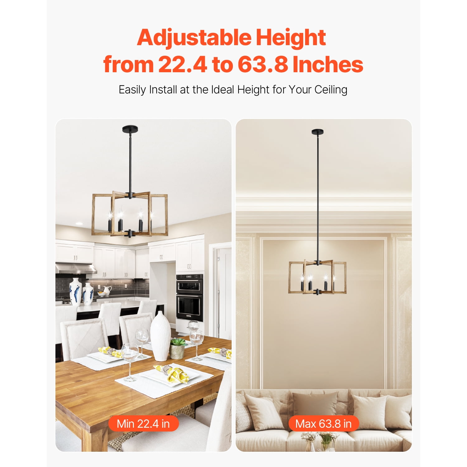 KFFKFF 6-Light Metal Chandelier, Adjustable Farmhouse Ceiling Fixture, Ideal for Dining, Bedroom, Foyer, Kitchen, Living Room, and Entryway