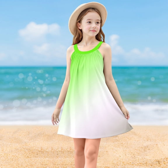 Sundresses for Girls Trendy Sleeveless Beach Dresses 4-15 Years Teens Kids Cute Gradient Printed Spaghetti Strap Going Out Dress