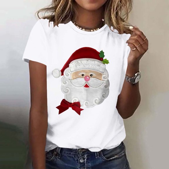 Haivin Women's Santa Claus Print T-Shirt, Short Sleeve Round Neck Cotton Top, Casual Christmas Graphic Tee for Holiday Party and Daily Wear