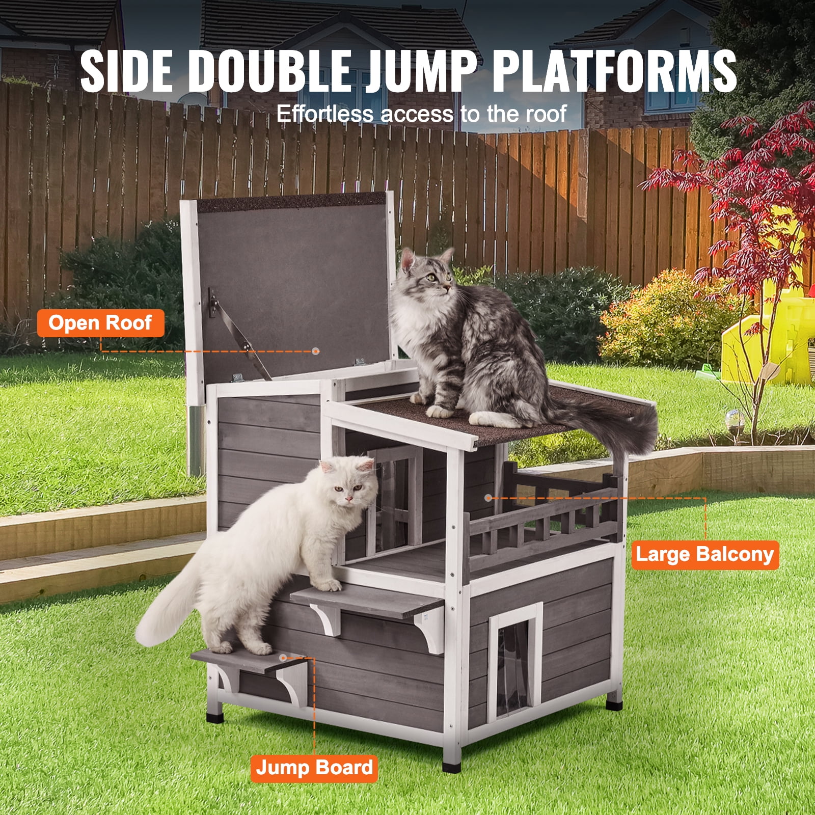 KFFKFF Cat Wooden Shelter 30"L x 30"W x 32"H, Weather-Resistant Outdoor Cat Home, Dual-Level Spacious Outdoor Timber Feline Residence with Terrace, PVC Entry Covers, Detachable Top