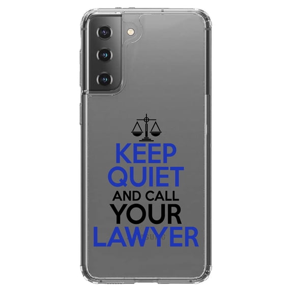 DistinctInk Clear Shockproof Hybrid Case for Galaxy S21 5G (6.2" Screen) - TPU Bumper Acrylic Back Tempered Glass Screen Protector - Keep Quite & Call Your Lawyer