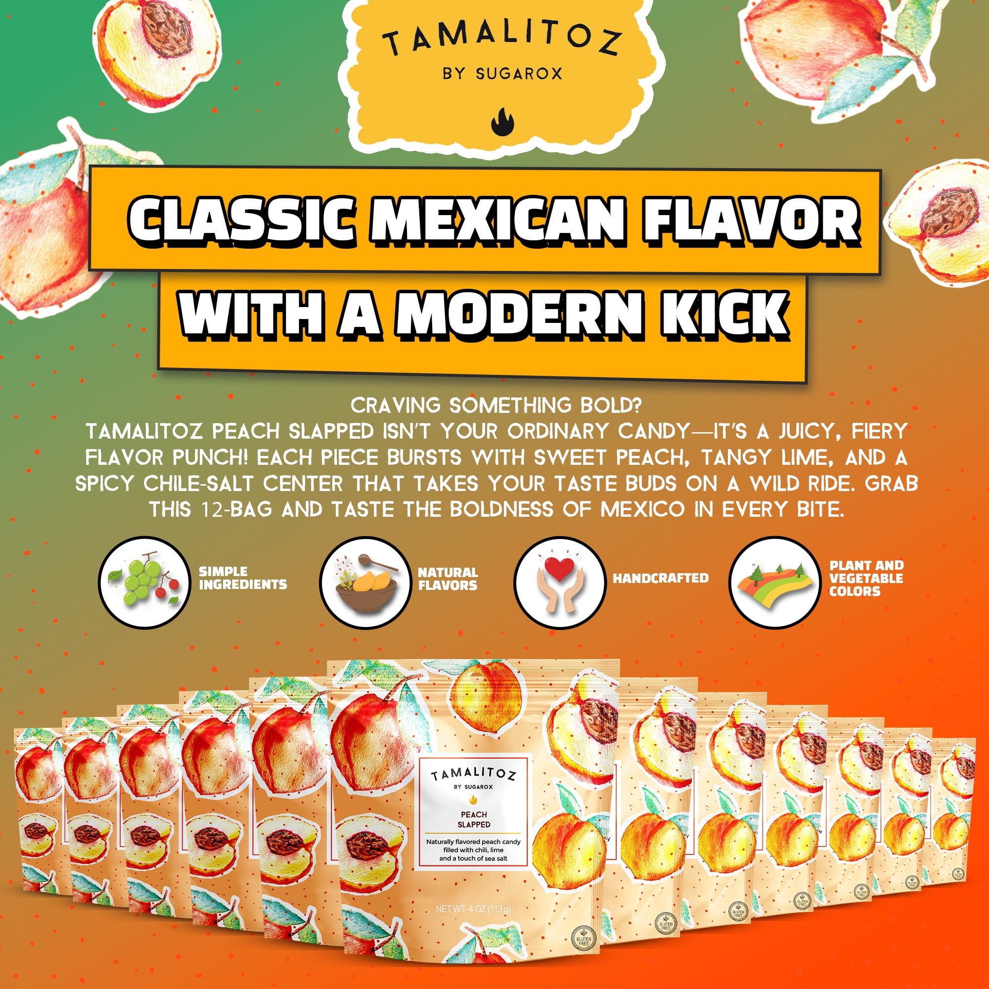 Tamalitoz Peach Slapped – Spicy Peach Mexican Hard Candy with Chile, Lime & Sea Salt – Handcrafted Candy, Gluten-Free, Kosher, 12 Bags – 4oz Each