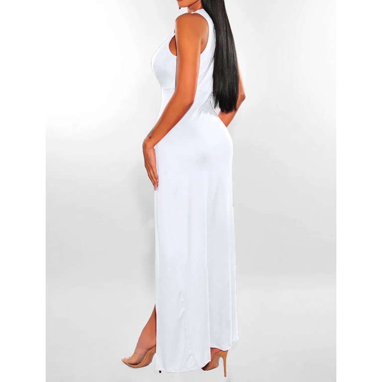 HLSOHJP Women's Double Slit Maxi Tank Dress Sleeveless Deep