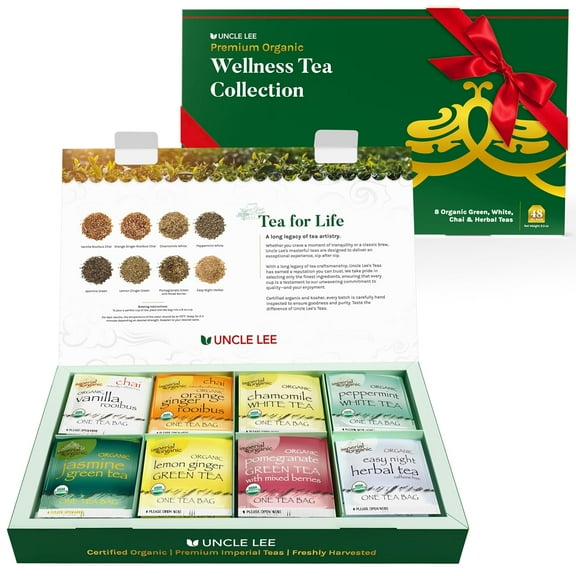 Uncle Lee’s Organic Tea Variety Gift Set – Wellness Collection with 8 Teas (6 Bags Each) in a Premium Gift Box, 3.3 Oz