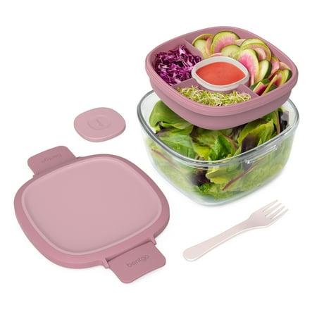Bentgo Glass All-in-One Salad Container - Large 61-oz Salad Bowl, 4-Compartment Bento-Style Tray for Toppings, 3-oz Sauce Container for Dressings, and Built-In Reusable Fork (Rose)
