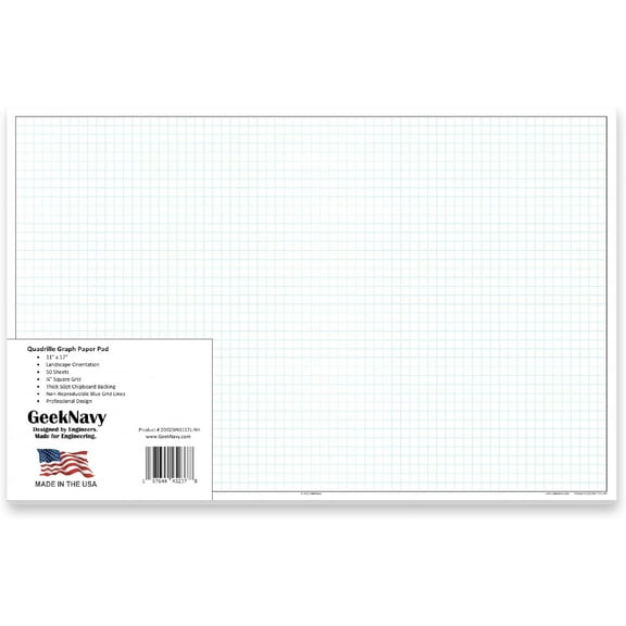 11" x 17" Quadrille 50 Sheets Landscape - 0.25" 4x4 Square Grid, Blueprint, High Brightness, Border-Outlined, Large Drafting (1-Pack)