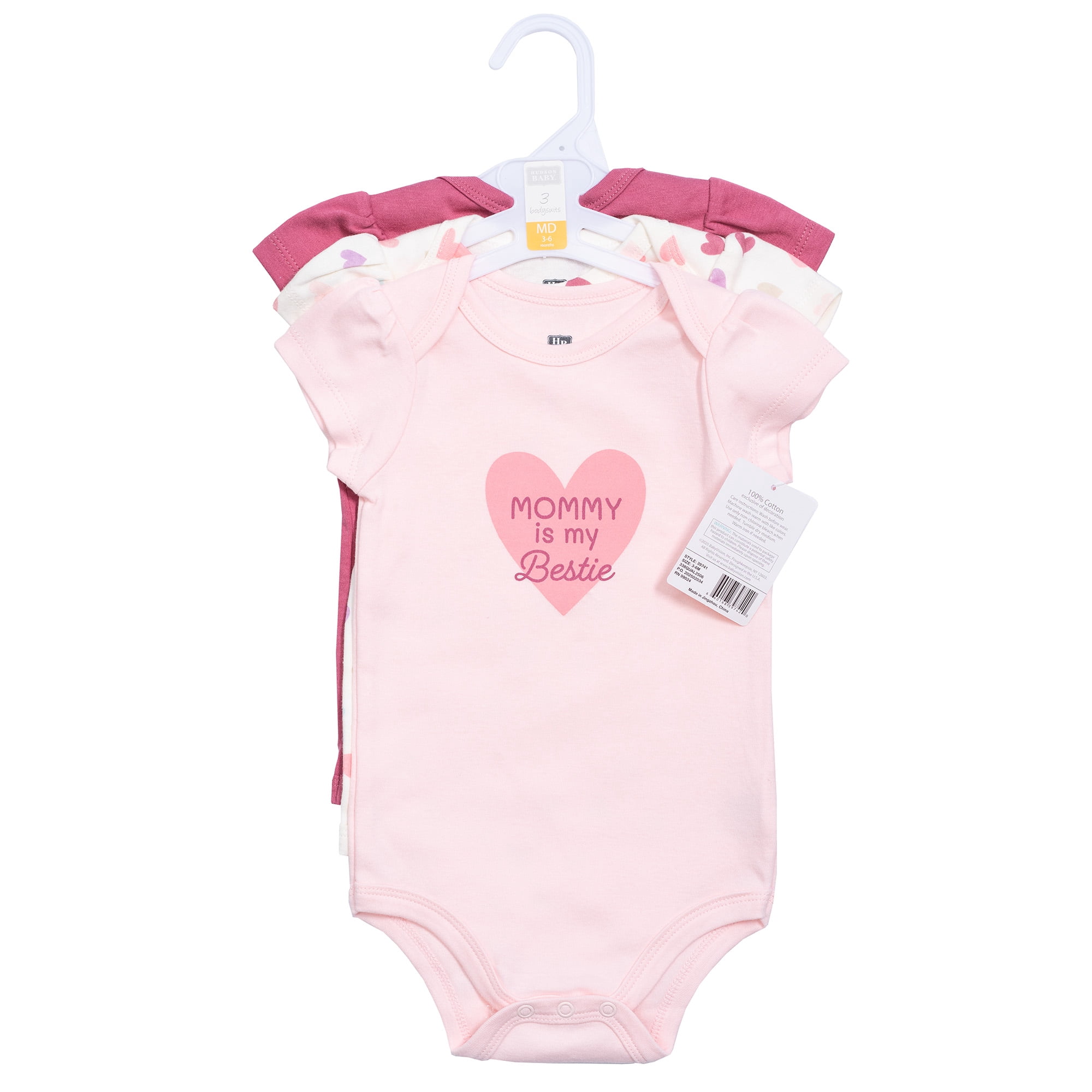 Hudson Baby Girl Cotton Bodysuits 3-Pack, Mom Dad Heart Confetti, 9-12 Months