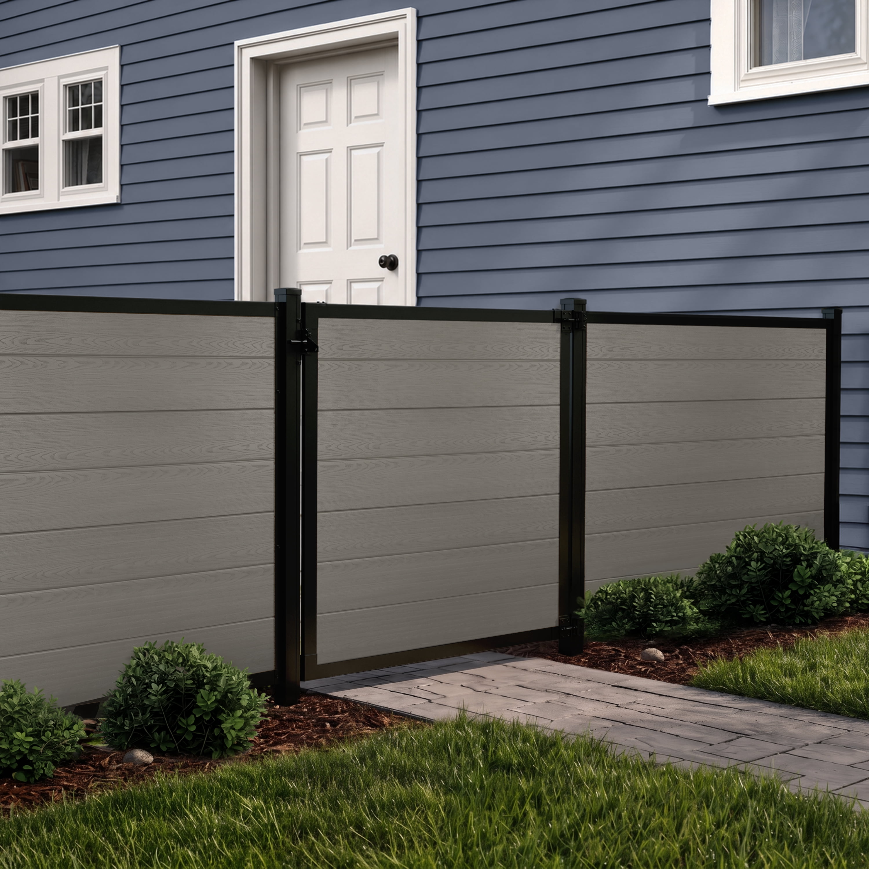 4ft H x 4ft W WamBam Privacy Fence Gate, Composite Fence Gate Kit with Aluminum Frame, Woodgrain Boards, No-Dig Install, UV Resistant Outdoor Gate for Backyard Patio or Pool, Slate Grey BL19119