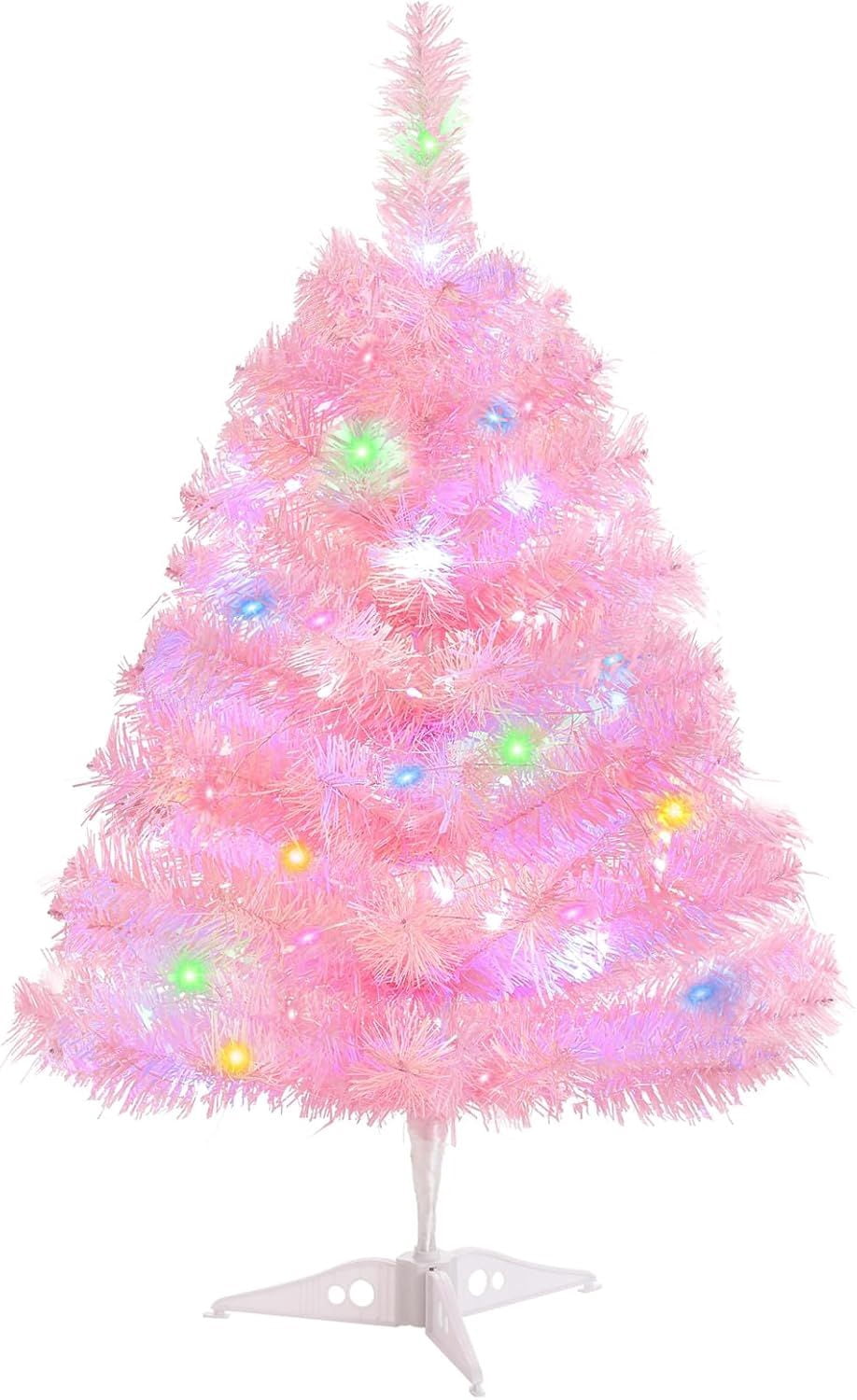 2FT Artificial Christmas Tree with Lights, Lighted Pink Tabletop Christmas Tree with Plastic Stand Light Up Battery Operated Mini Xmas Tree for Party Indoor Outdoor Holiday Home Decoration