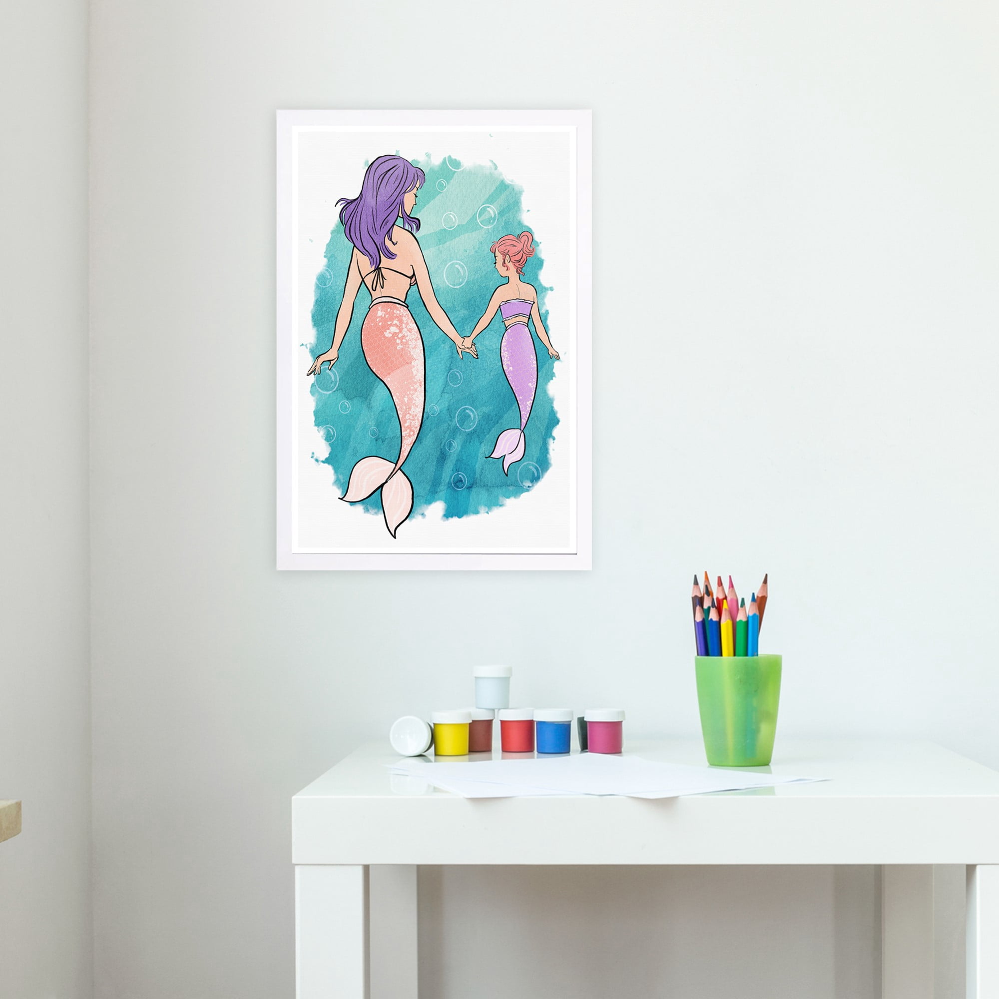 Wynwood Studio 'Mermaid Family' Fantasy and Sci-Fi Framed Wall Art Print - Blue, Pink