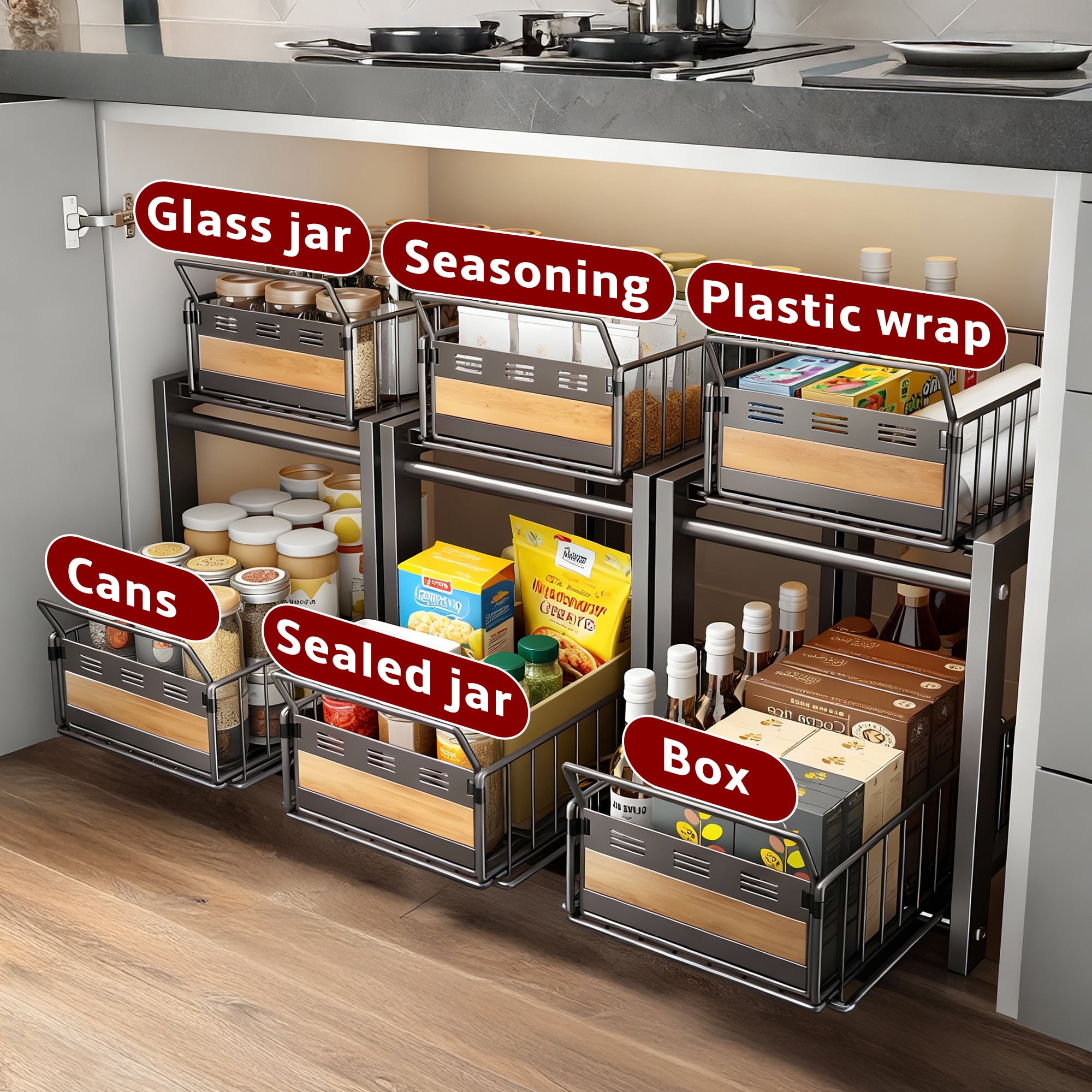 2-Tier Metal Under Sink Storage, Multi-Purpose Pull Out Cabinet Organizer, White Double Sliding Basket Organizer for Kitchen, Bathroom,
