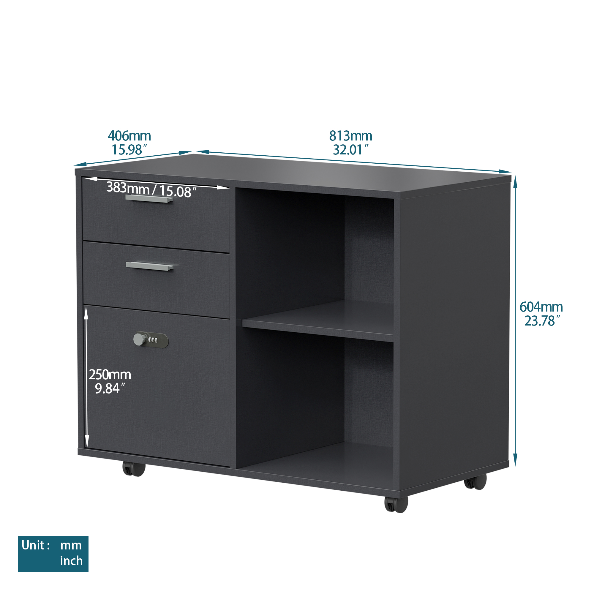 Wooden Home Office Pulley Movable File Cabinets with Password Lock, File Cabinet with Open Storage Shelves and Two Drawers, Low cabinet with 5 Universal Wheels, Easy to Assemble, Dark Gray - image 4 of 7