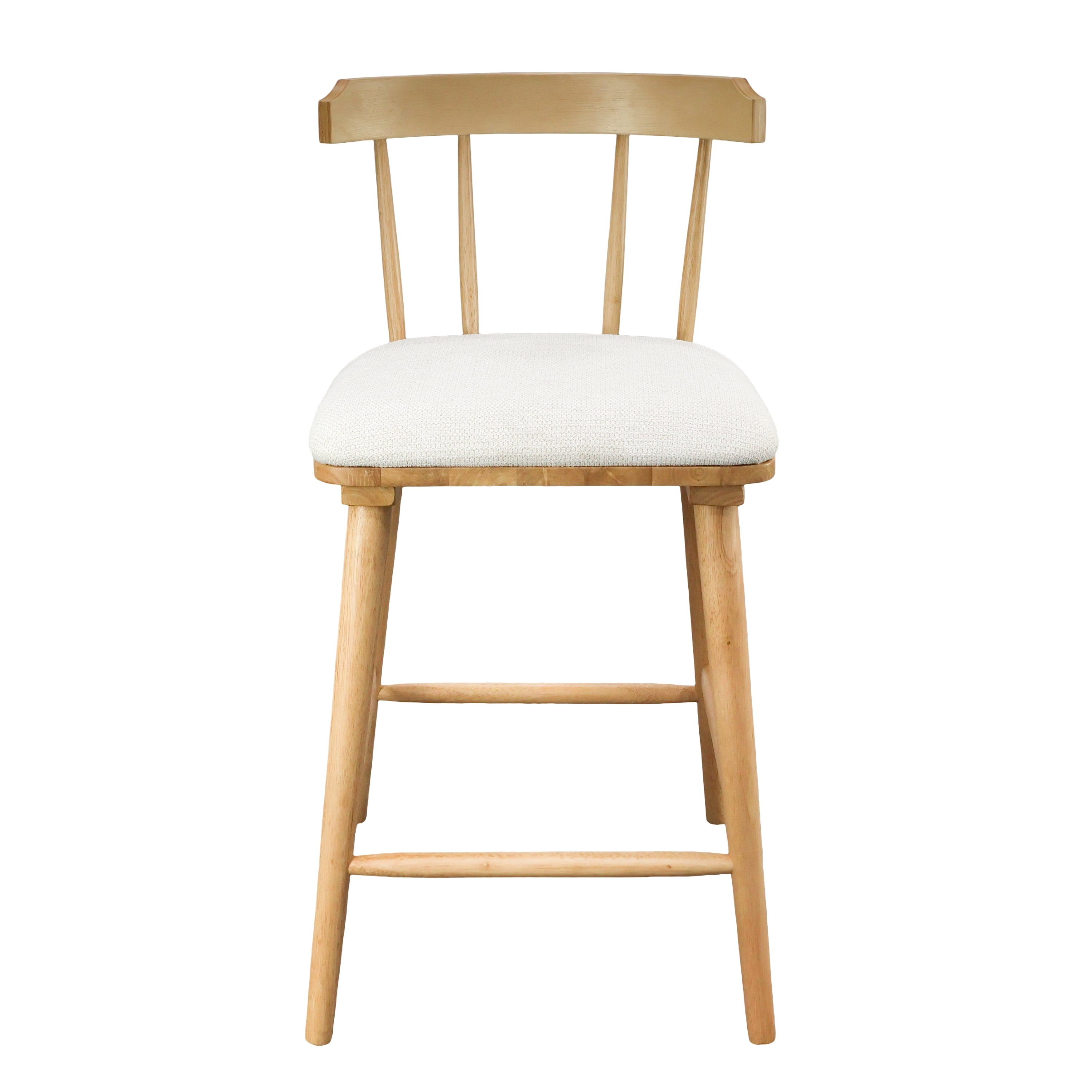 Indoor Wooden Upholstered Counter Stool, Natural Finish with Beige Upholstery, Windsor Style, Set of 2