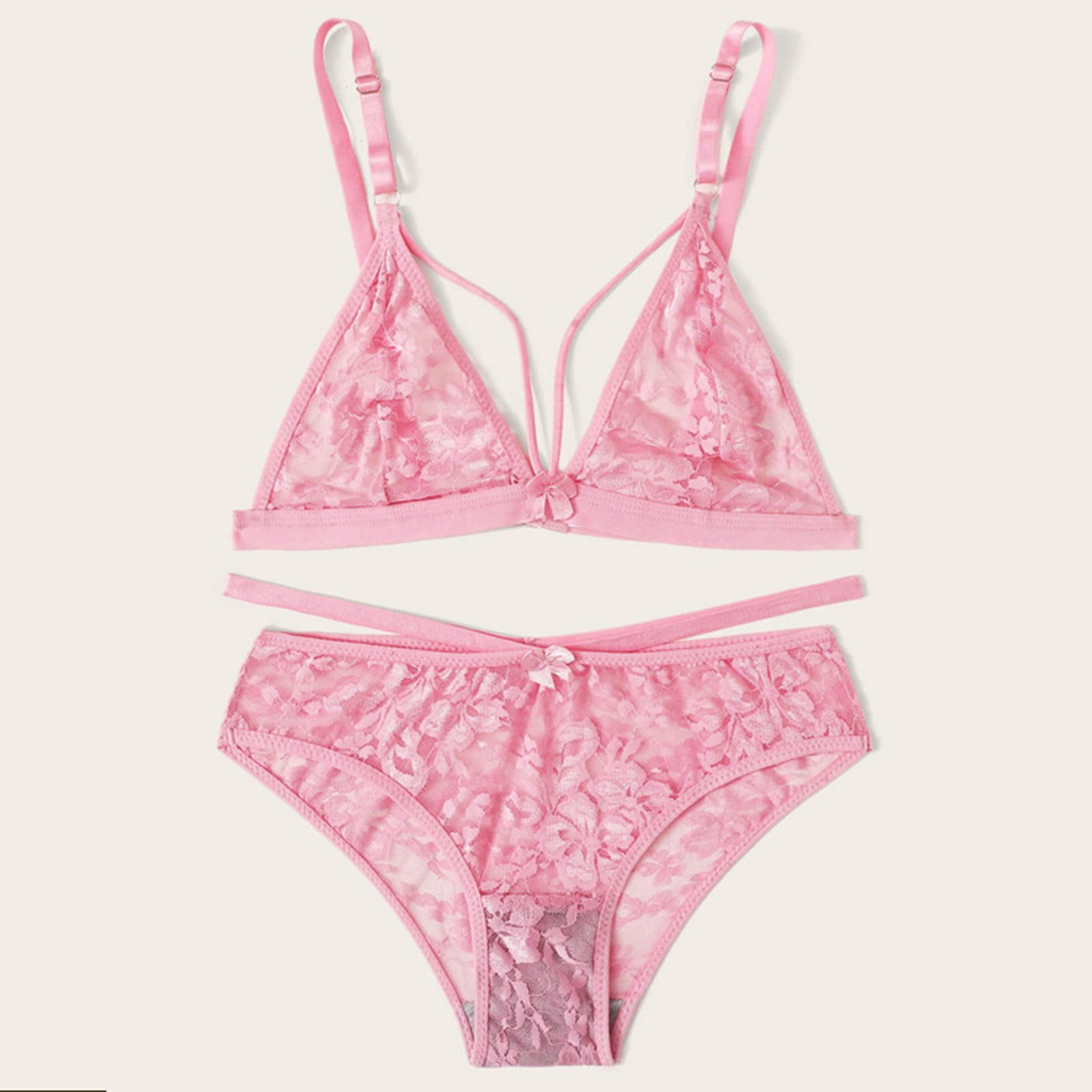 Matching Bra And Panty Sets,Women's Lace 2 Piece Lingerie Set Bralette Strappy  Bra and Panty Set Underwear Negligee(S,Pink) 