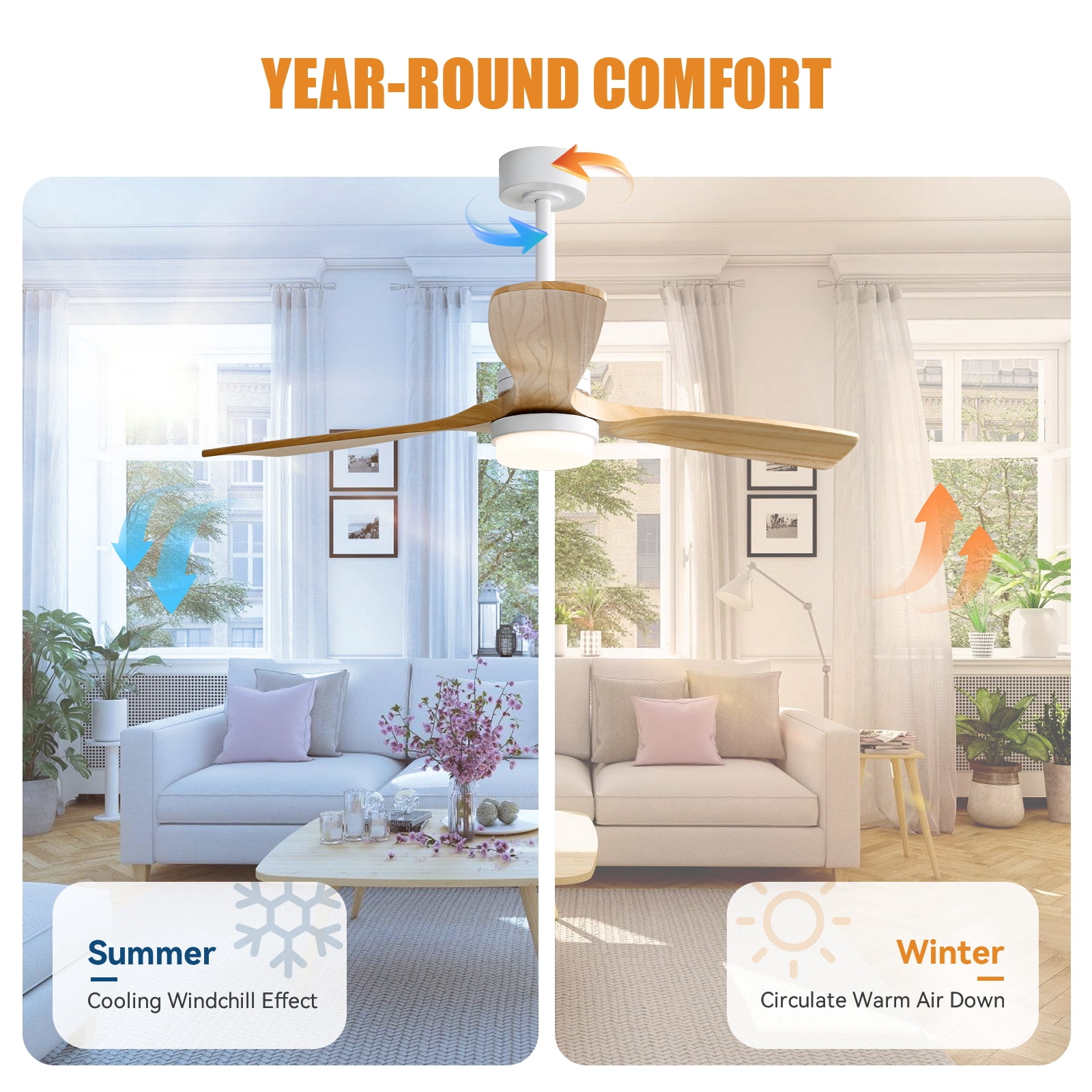 Sofucor Ceiling Fan with Lights, 52 Inch Mordern Wood Ceiling Fan with Remote for Indoor Farmhouse Bedroom Living Room Outdoor Patio Porch, Reversible DC Motor, Noiseless