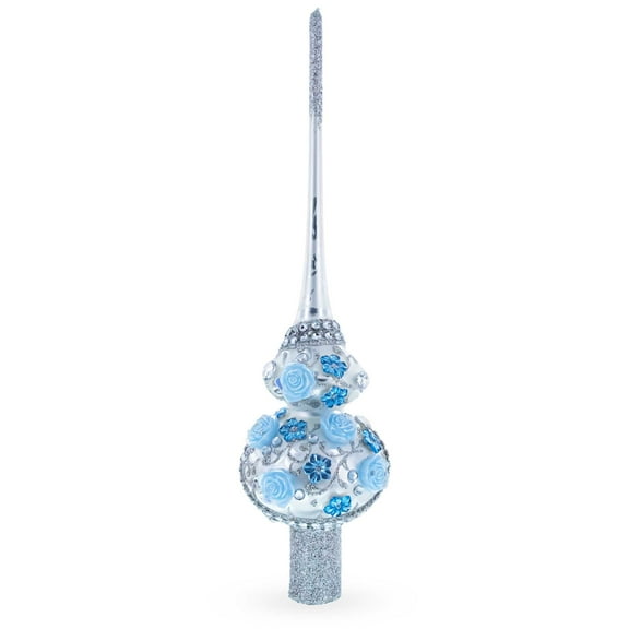 Dimensional Blue Roses and Flowers on Silver Glass Christmas Tree Topper 11 Inches