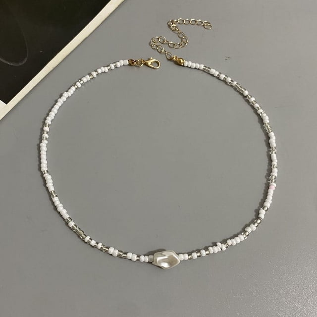Collier de Perles Boho Mode Femme Imitation Perle Perle de Rocaille Brin Court Collier Ras-du-Cou Fait Main Bijoux Femme Gros
