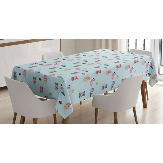 Summer Tablecloth, Girls and Accessories in a Swimming Pool Depicted in Style, Rectangle Satin Table Cover Accent for Dining Room and Kitchen, 60" X 84", Pale Blue Multicolor, by Ambesonne