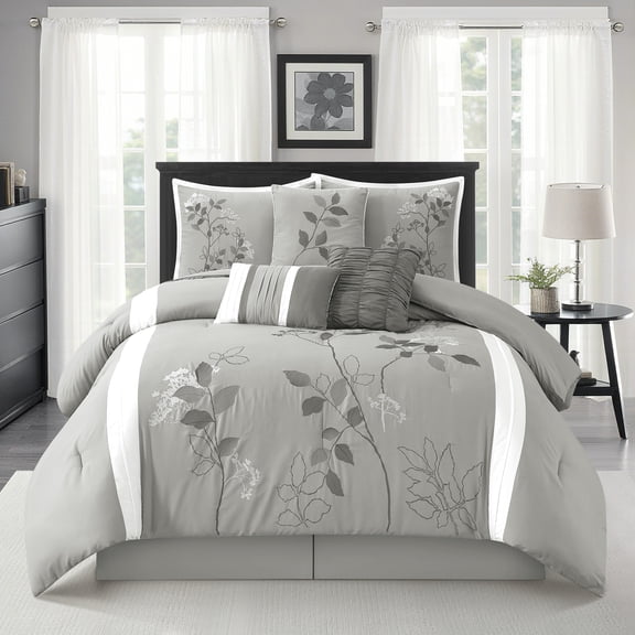 Nanshing Home 7 Piece Grey Embroidery Floral Comforter Set, California King Size, Matching Bedskirt, Pillows & Shams