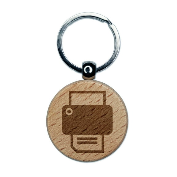 Printer Icon Round Keychain Charm Tag - Engraved Wood