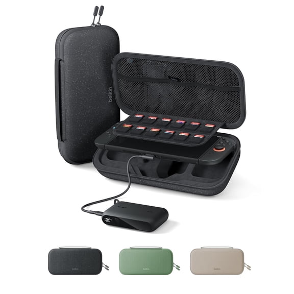 Belkin Charger Case for Nintendo Switch 2 with 10,000mAh Power Bank, LCD Display, 30W Fast Charging, AirTag & Game Holder – Travel Essential – Charcoal
