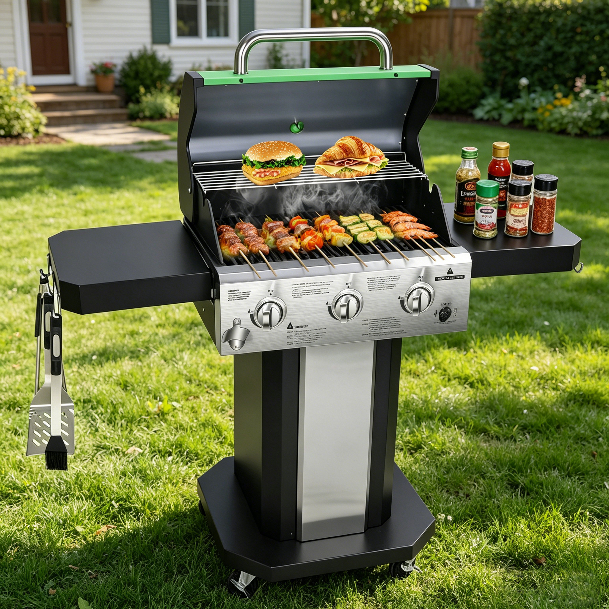 3-Burner Propane Gas Grill with 30000 BTU, Cast Iron Cooking Grates Warming Rack Side Tables Wheels & Tool Hooks, BBQ Grill for Outdoor Backyard Cooking and Patio Parties, Green