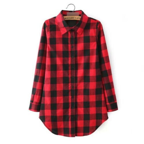 Chemise à Manches Longues pour Femmes Col Rabattu Imprimé à Carreaux Classique Chemise Longue en Coton Noir Rouge