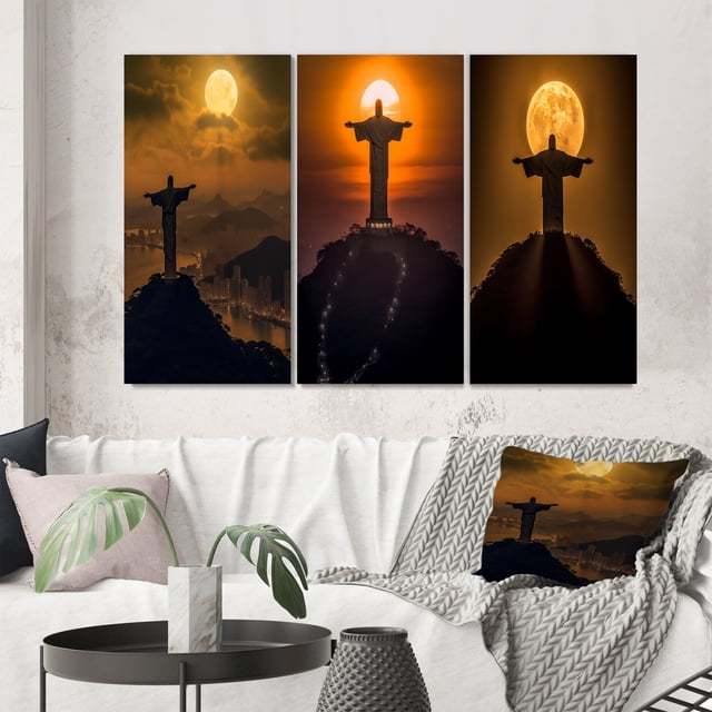 Designart "Supermoon Over Christ the Redeemer Rio's Icon V" Christianism Wall Art Set Of 3 - Traditional Yellow Gallery Wall Set For Home Decor