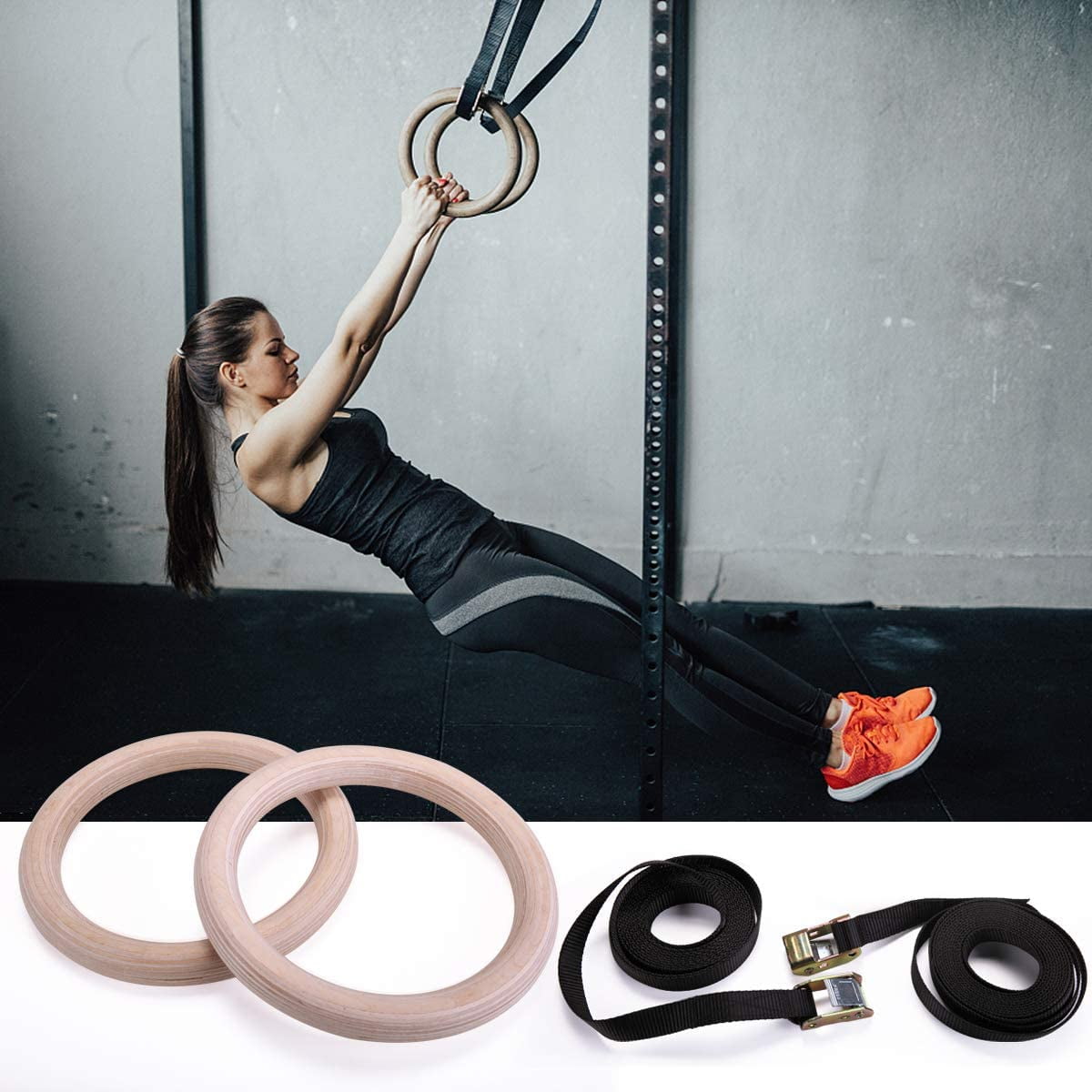 Gym Rings Adjustable Long Buckles Straps Workout Wood Gymnastic Cross Fitness 