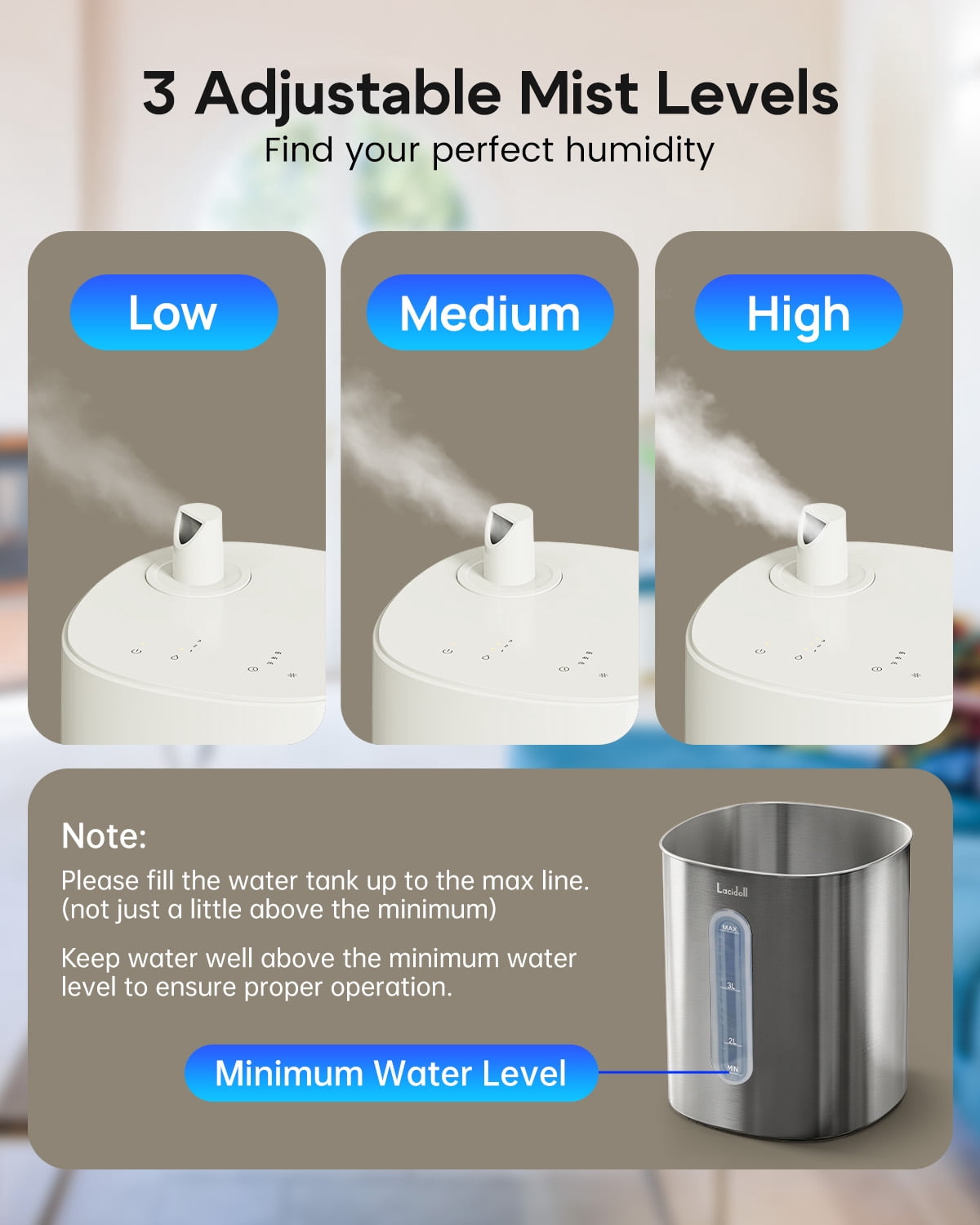 Stainless Steel Cool Mist Humidifier, 4L/1Gal Easy Clean, Dishwasher Safe, Quiet Humidifier for Bedroom, Baby Nursery, Rooms, up to 500 Sq ft