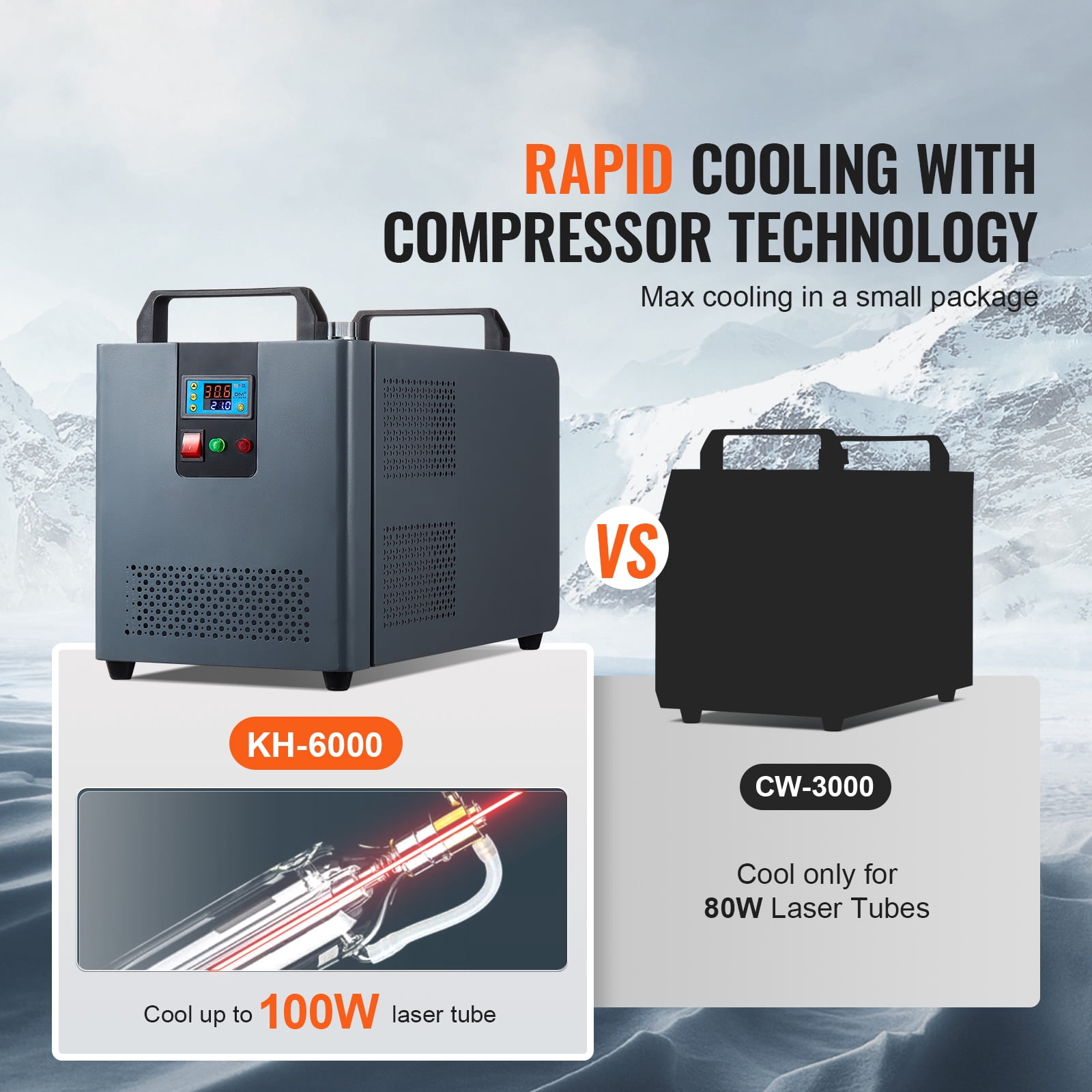 KFFKFF Industrial Water Chiller, KH-6000, 200W Cooling System with Compressor, 12L Tank Capacity, 7.8 L/min Max Flow Rate, Suitable for CO2 Laser Engraving Machine