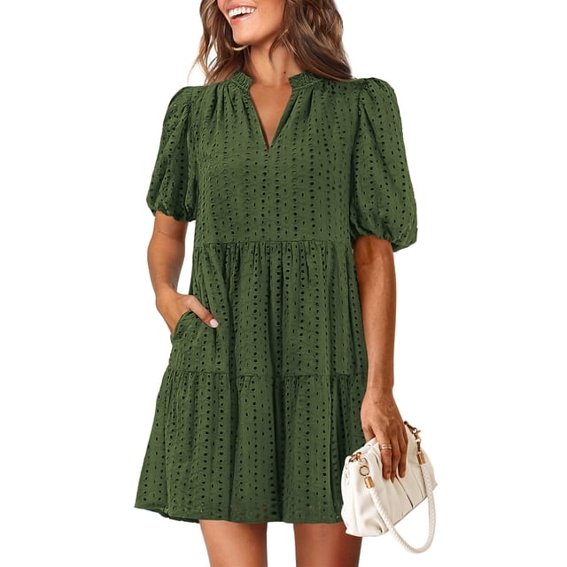 Vestido KIRUNDO Oyelet Summer para mujer con cuello en V y bolsillos
