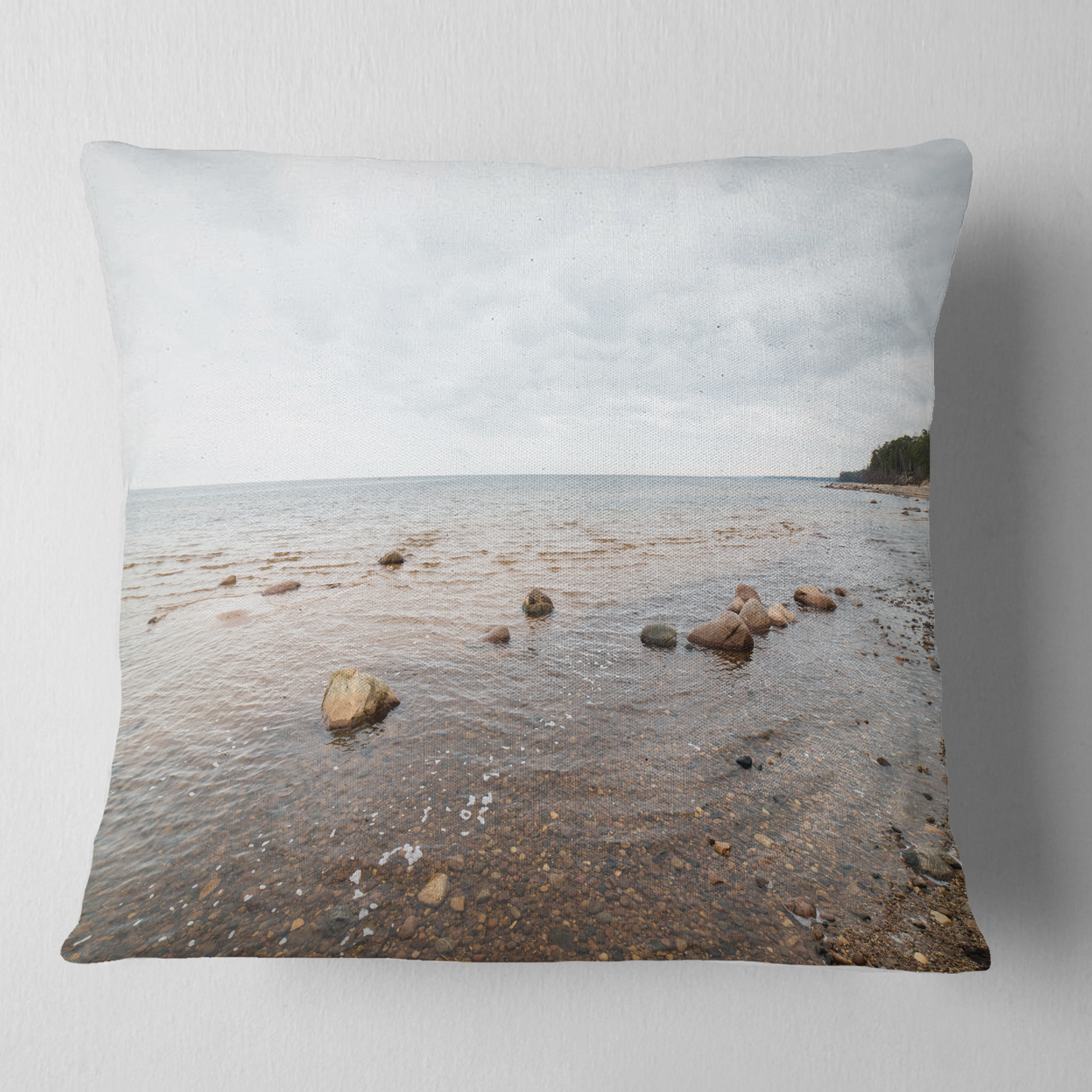 Designart Rocky Autumn Beach - Seashore Photography Throw Pillow - 18x18