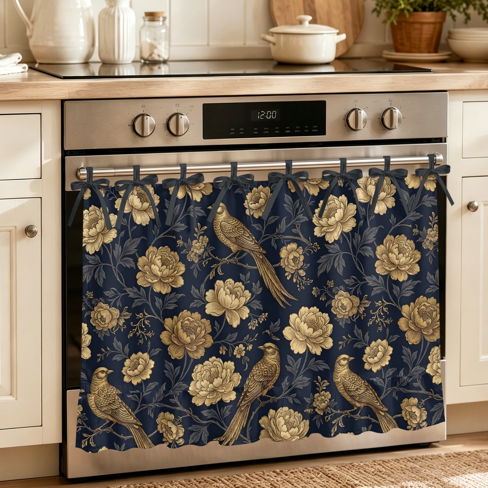 Oven Skirt Curtain for Kitchen 21.5x30 Inch Vintage Flowers Oven Curtain with 8 Ribbon Ties & Ruffle Trim Stove Skirt Curtain Dishwasher for Cabinets Sinks Birds on Branch Floral Elegant Plants