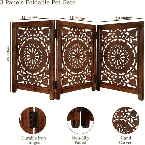 Freestanding Foldable Pet Gate - -Wide 24x54 Inch Natural Burnt Wooden Dog Gate for Stairs, Doorways & Hallways