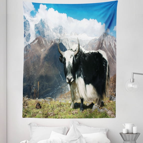 Tibetan Tapestry, Indigenous Bull in the Mountains Picture Rural Nature Wilderness Agriculture Theme, Fabric Wall Hanging Decor for Bedroom Living Room Dorm, 5 Sizes, Multicolor, by Ambesonne