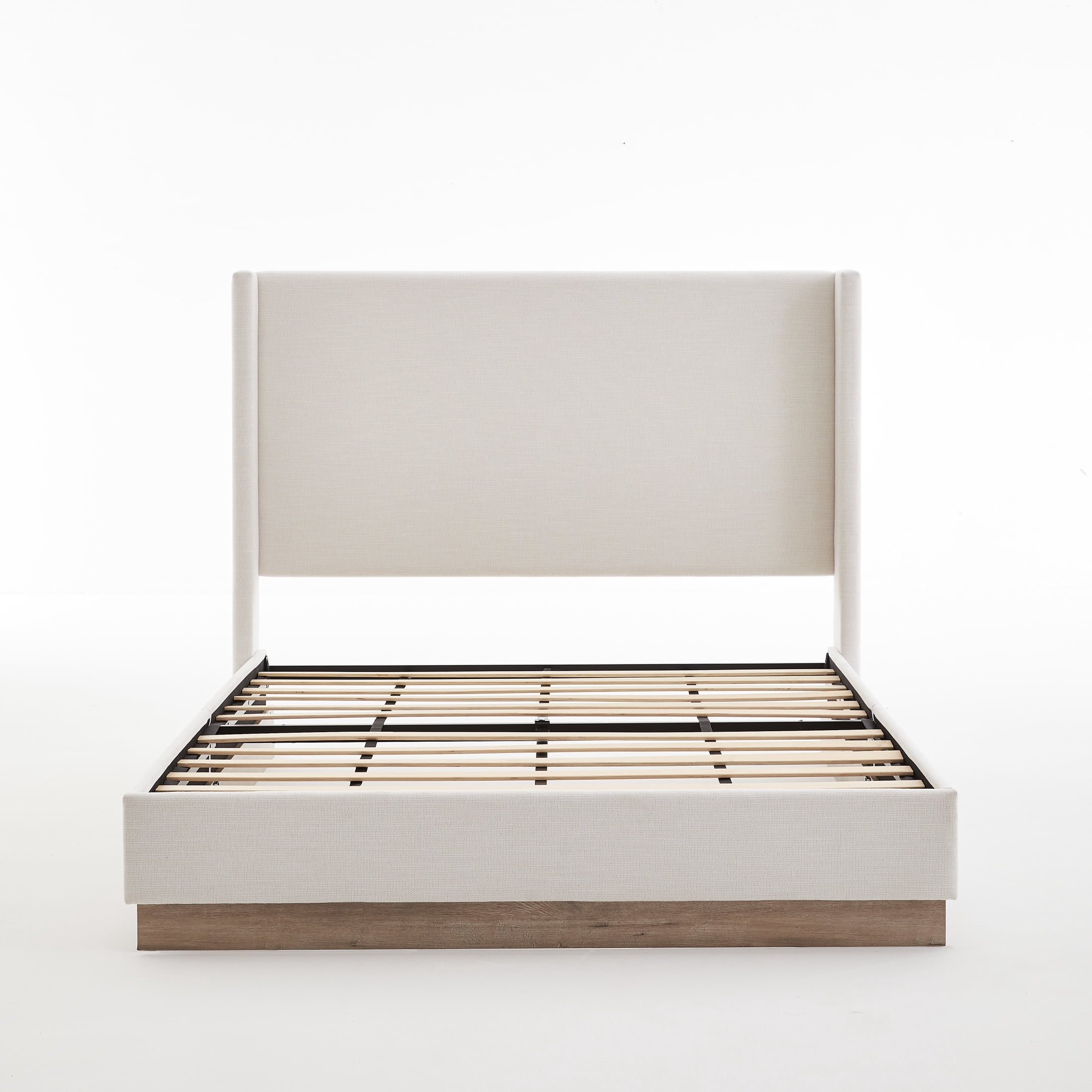 Noble House Hosford Full Canvas Upholstered Wingback Bed, Wood Base Platform Bed with Wingback Headboard, Ivory