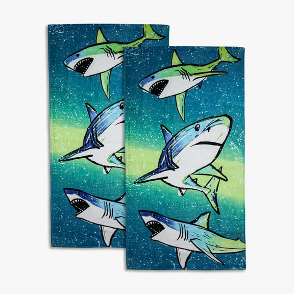Mainstays Everyday Shark Frenzy Velour Beach Towel, 30 x 60, 2 pack