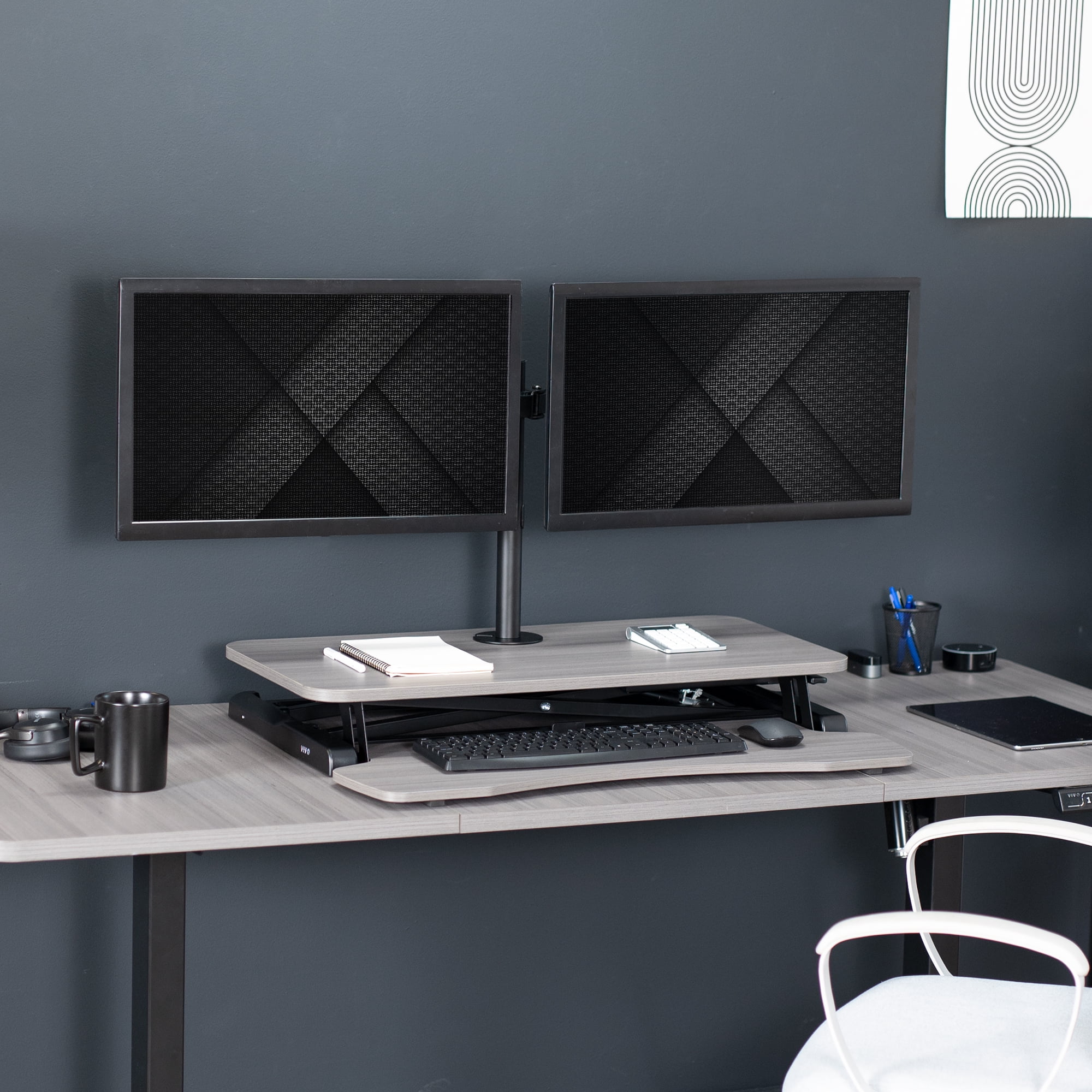 VIVO Gray 32" Standing Desk Riser with Adjustable Dual 13" to 30" Monitor Mount
