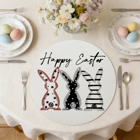 Hometravel Round Linen Placemats, Easter Bunny Egg Print Table Mat, Washable Cotton Dinner Placemat for Party, Dining Table, Kitchen Decor