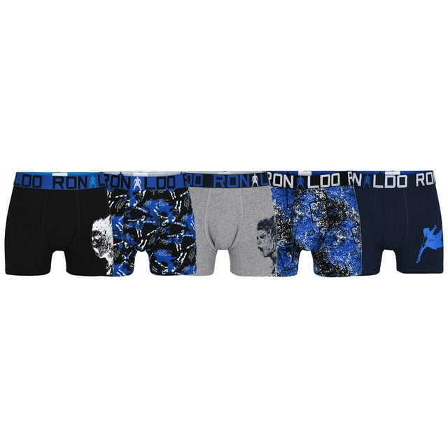CR7 Calzoncillos de niño, pack de 5 - Motivos de Cristiano Ronaldo, calzoncillos, algodón elástico, logo en la cintura Negro/Azul/Gris 122/134
