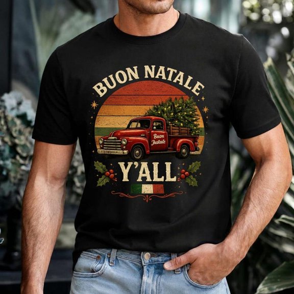 Italian Christmas Shirt, Buon Natale Y'All Graphic T-Shirt, Vintage Christmas Truck Tee, Retro Holiday Gift