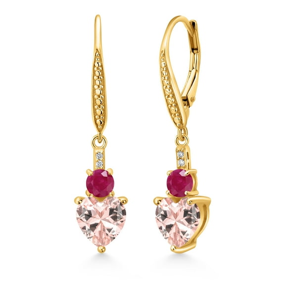 Gem Stone King 18K Yellow Gold Plated Silver Peach Nano Morganite Red Ruby and White Lab Grown Diamond Drop Dangle Earrings for Women (3.23 Cttw, Heart Shape 7MM, Round 4MM)