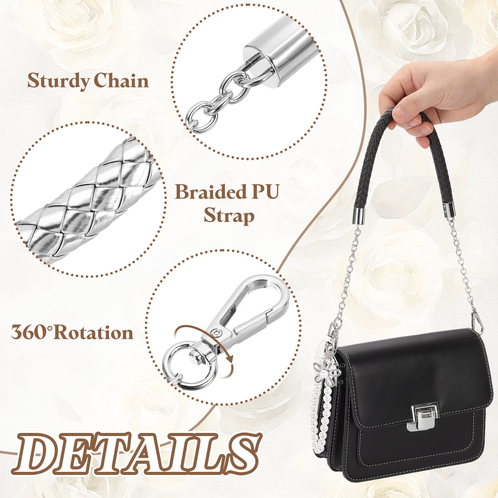 Uxcell 2 Pcs PU Leather Chain Purse Strap, 23.6 Inch Braided Purse Handles Replacement Strap with Pearl Pendant for Tote Bag Handbag Underarm Bag (Silver, Silver Chain)