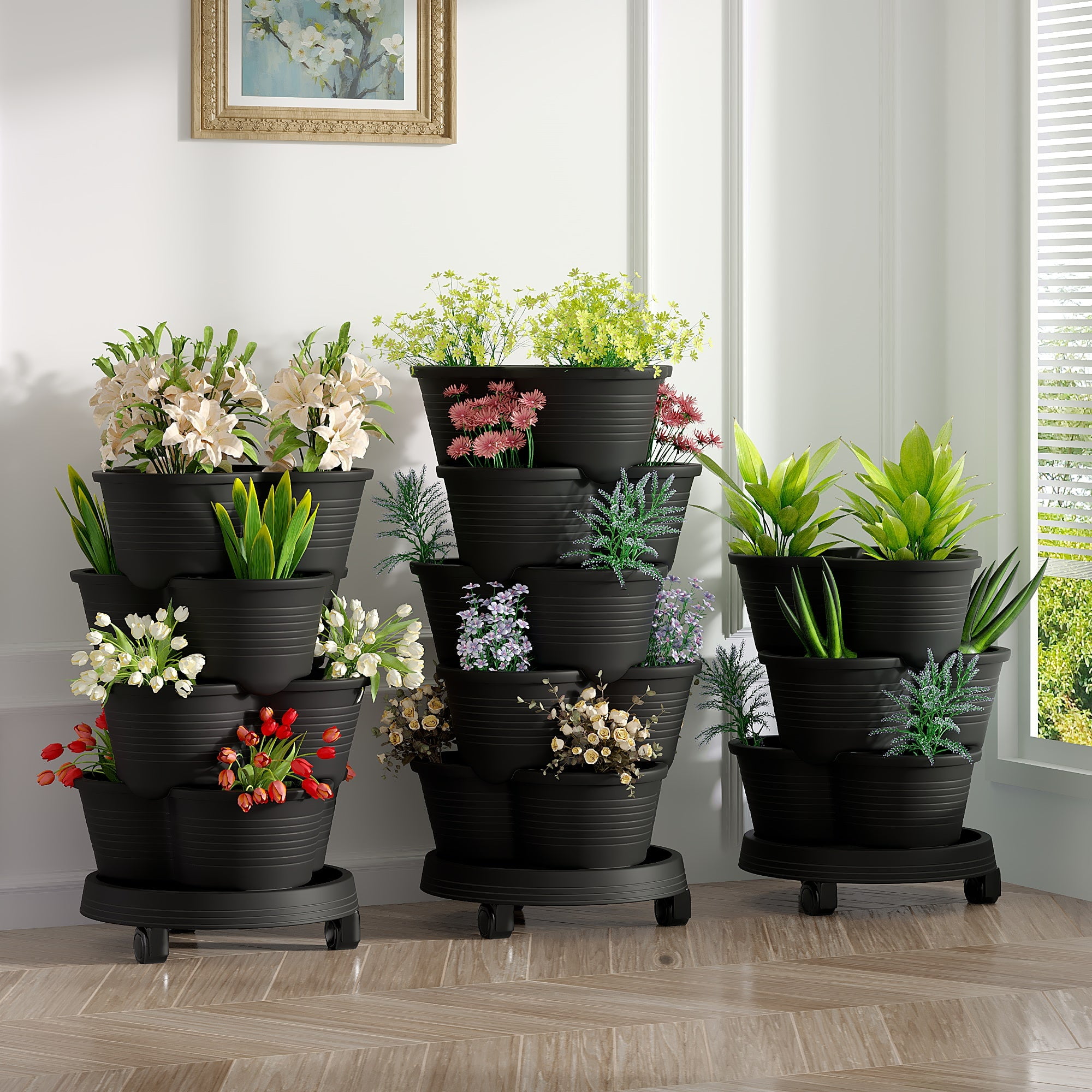 VECELO Stackable Planters 5 Tier Vertical Gardening Planter, Stackable Garden Tower Indoor Outdoor Pot For Strawberries, Flowers, Herbs, Vegetables With Removable Wheels, Black