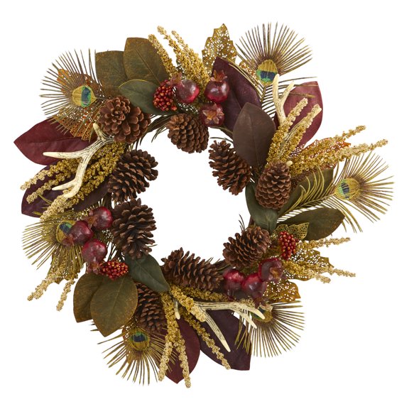 Nearly Natural 27in. Magnolia Leaf, Berry, Antler and Peacock Feather Artificial Wreath