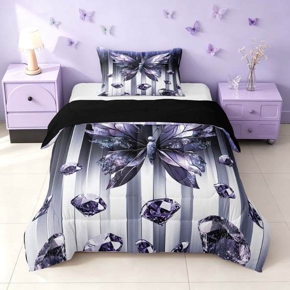 Homewish Glowing Butterfly Twin Comforter Sets for Girls, Bling Stars Diamonds Bedding Set, Blue White, Black Reversible, 2-Piece 1 Comforter and 1 Pillowcase