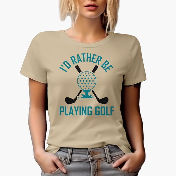 I'd Rather Be Playing Golf Quote with Clubs & Ball, Golf Player, Golfing or Golfer Themed Merch Gift, Tan T-Shirt, S